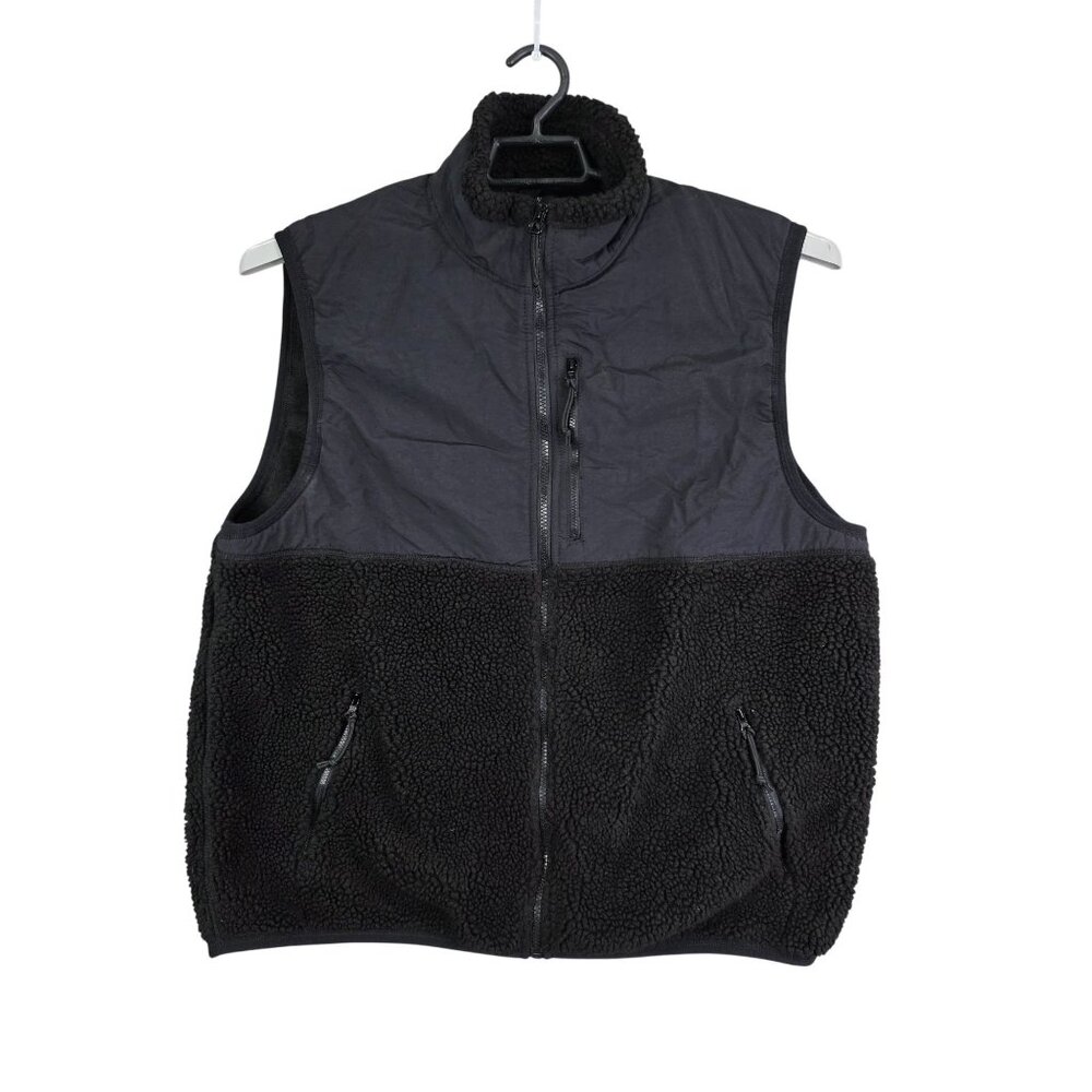 Mens J.Crew Black Sherpa Fleece & Nylon Vest Zippered Pockets Mock Neck XXL